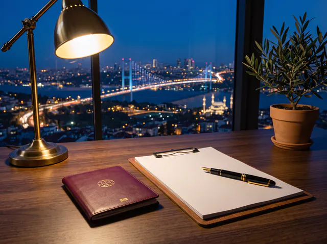 Pasaport, boş başvuru formları ve dolma kalem; arkada gece Boğaz manzarası