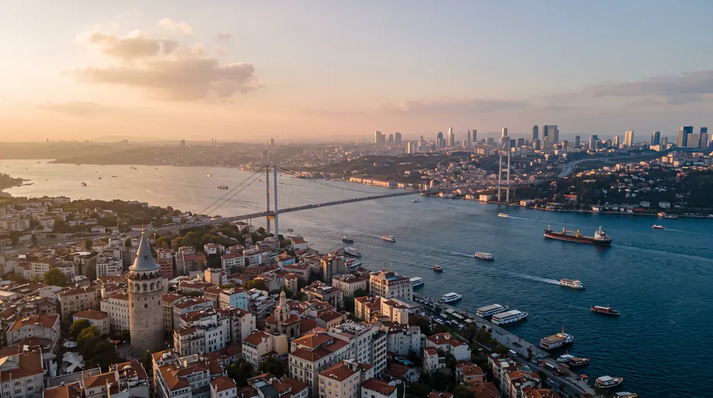 Galata Kulesi ve İstanbul Boğazı’nın gün batımında havadan görünümü