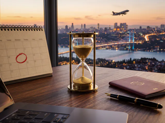 Kum saati, takvim ve pasaport; arkada kalkan bir uçak ve İstanbul manzarası